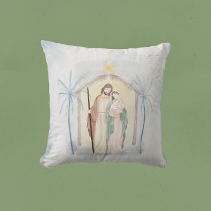 Christmas Nativity Palm Trees Watercolor Throw Pillow
