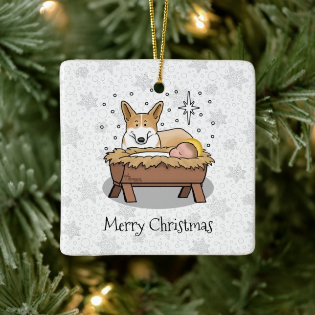 Christmas Nativity Pembroke Welsh Corgi (red1) Fun Ceramic Ornament (Tree)