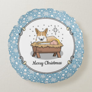 Christmas Nativity Pembroke Welsh Corgi (red1) Fun Round Pillow