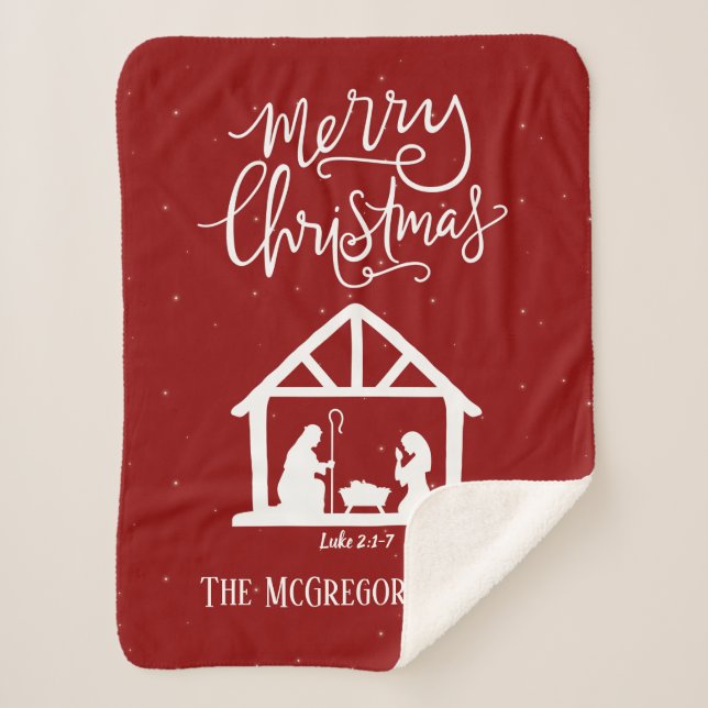 Christmas Nativity Red with Stars Family Name Sherpa Blanket (Front)