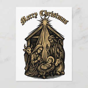 Christmas Nativity Retro Medieval Woodcut Holiday Postcard