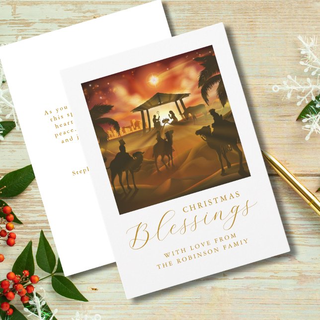 Christmas Nativity Scene Blessing Gold Script Holiday Card (Creator Uploaded)