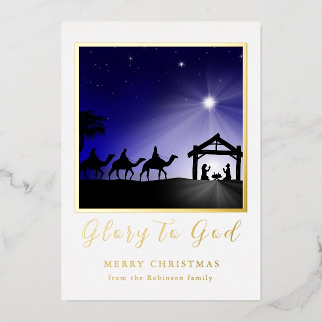 Christmas Nativity Scene Glory to God Christian Foil Invitation (Front)