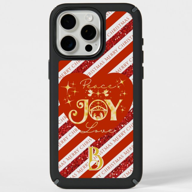 Christmas Nativity Scene Gold Red Glitter Monogram Speck iPhone Case (Front)