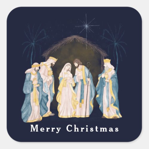 Christmas Nativity Scene on Blue Night Sky Square Sticker