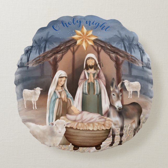 Christmas Nativity Scene Round Pillow (Front)