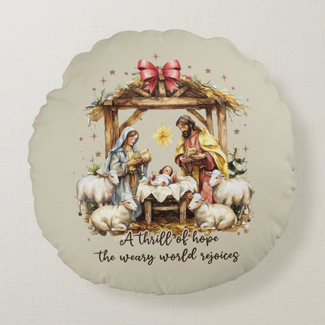 Christmas Nativity Scene Tan/Gold Round Pillow (Front)