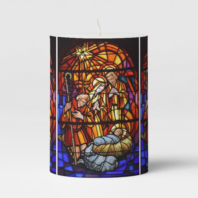 Christmas Nativity Stained Glass Custom Text Pillar Candle (Front)