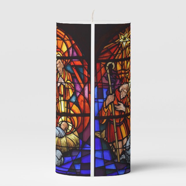 Christmas Nativity Stained Glass Custom Text Pillar Candle (Front)
