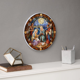 Christmas Nativity Stained Glass Large Clock
