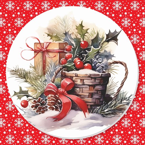 Christmas Natural Holly Berries Pinecones Red Bow Classic Round Sticker