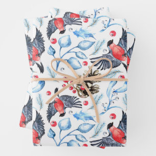 Christmas Nature Pattern with Birds and Berries  Wrapping Paper Sheets