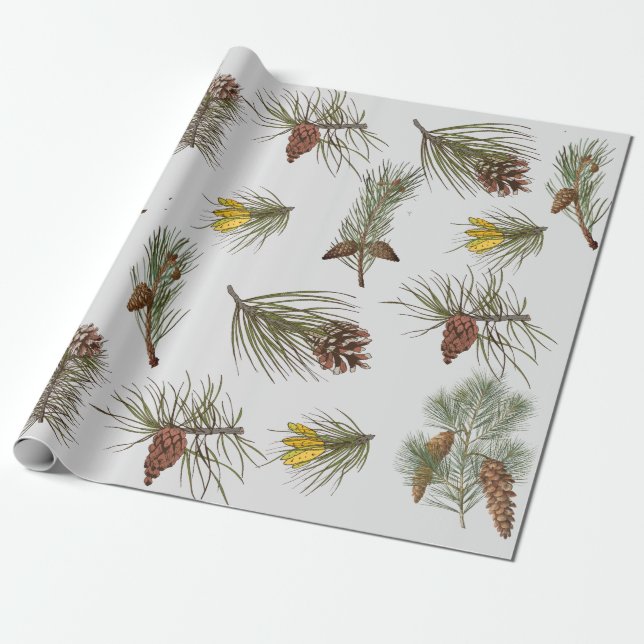 Christmas Nature Themed Pine Cones and Branches Wrapping Paper (Unrolled)