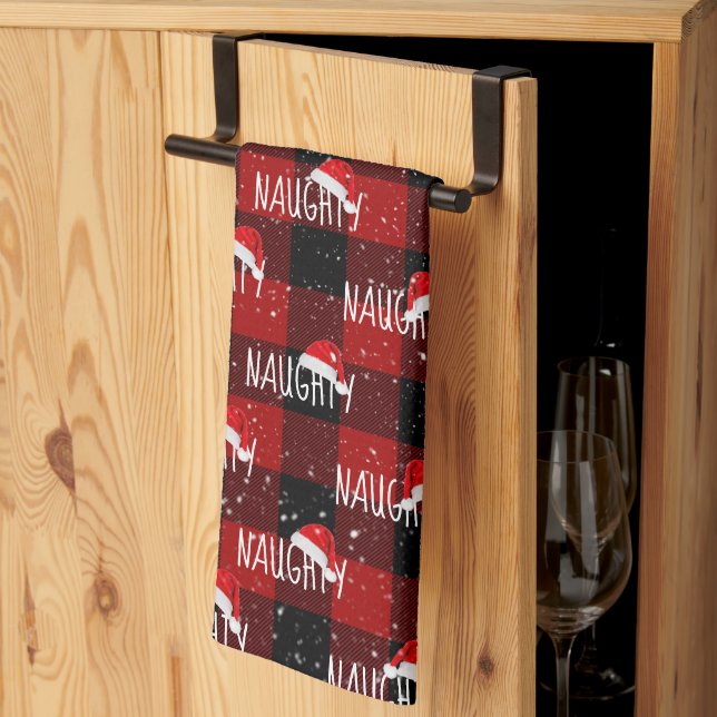 Christmas NAUGHTY Text with Santa Hats Kitchen Towel (Thirds Fold)