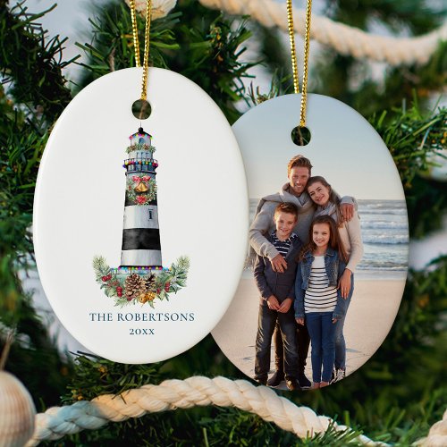 Christmas Nautical Lighthouse Family Photo  Ceramic Ornament