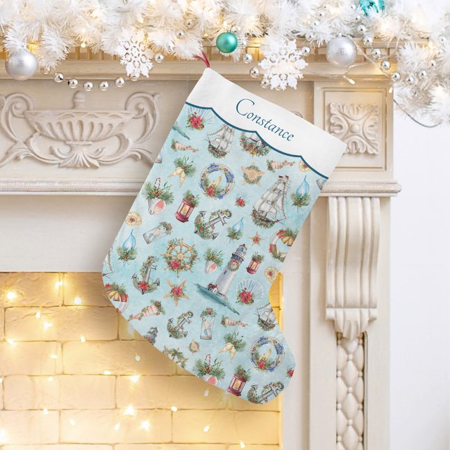 Christmas Nautical Lighthouses Ships Add Your Name Large Christmas Stocking (Creator Uploaded)