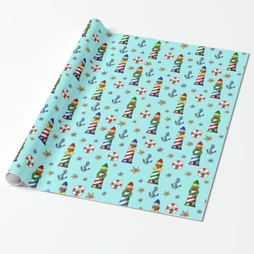 Christmas Nautical Lighthouses Wrapping Paper