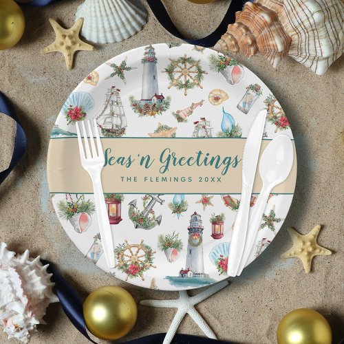 Christmas Nautical Seasn Greetings Personalized Paper Plates