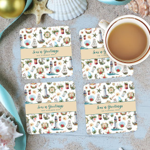 Christmas Nautical Seas’n Greetings Personalized  Square Paper Coaster