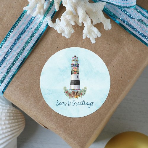Christmas Nautical Watercolor Lighthouse Classic Round Sticker