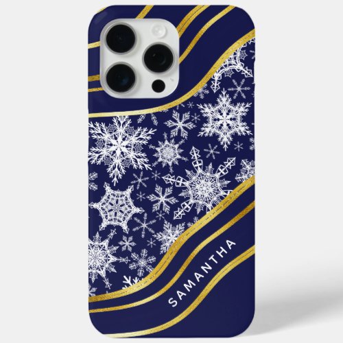 Christmas Navy Blue Gold Monogrammed Snowflakes iPhone 15 Pro Max Case