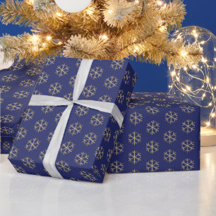 Christmas navy blue gold snowflakes elegant  wrapping paper