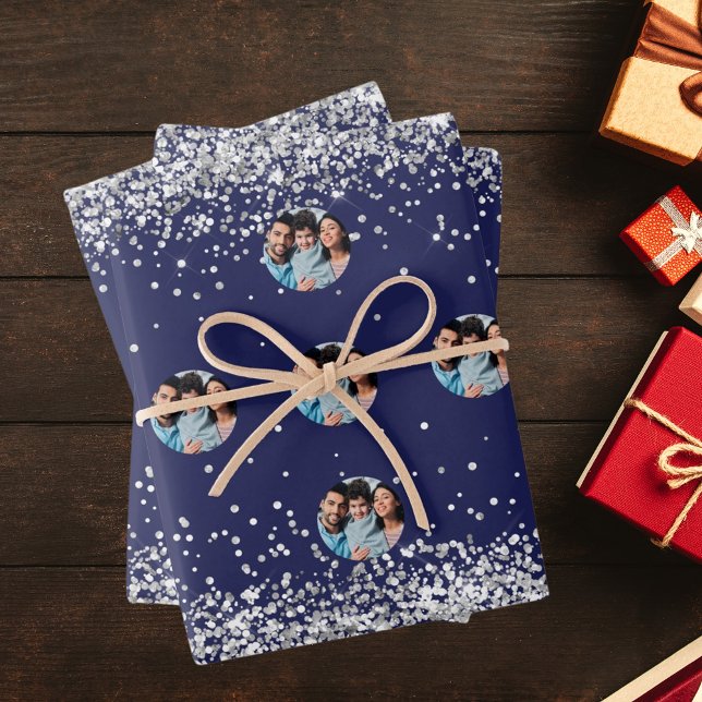 Christmas navy blue silver photo confetti wrapping paper sheets (Creator Uploaded)