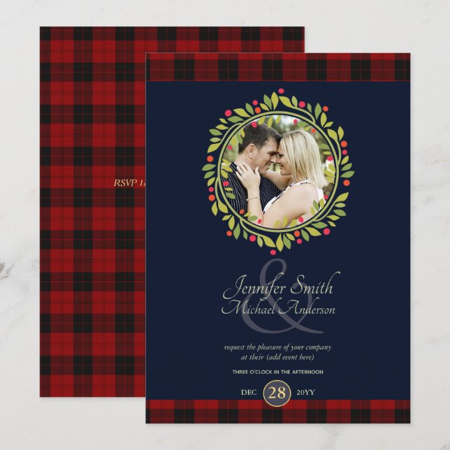 Christmas Navy Blue Wedding PHOTO Buffalo Plaid Invitation (Front/Back)