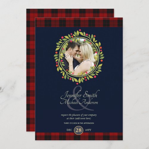 Christmas Navy Blue Wedding PHOTO Buffalo Plaid Invitation