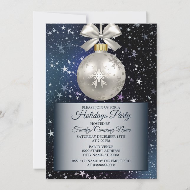 Christmas Navy Blue White Ornament Shiny Stars Invitation (Front)