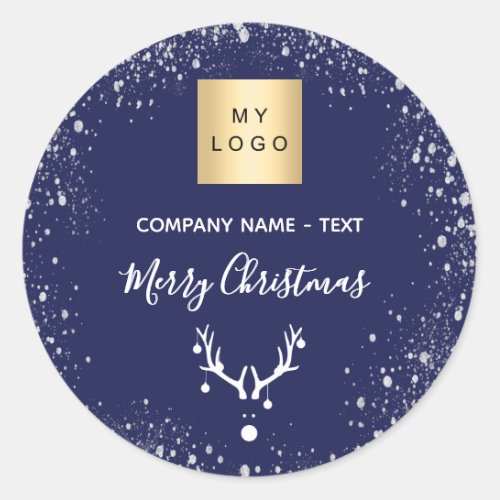 Christmas navy blue white reindeer business logo classic round sticker
