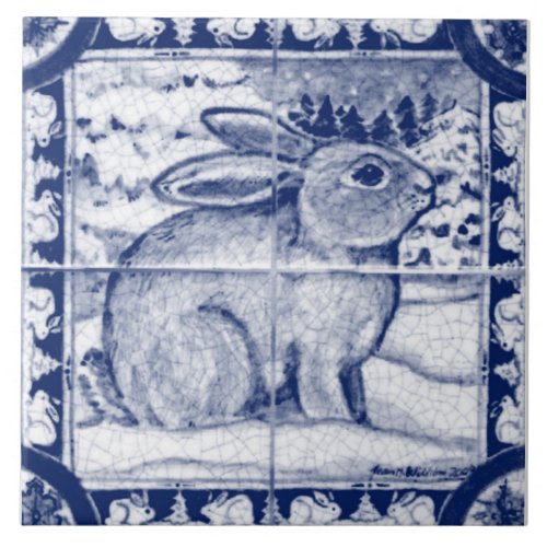 Christmas Navy Blue White Snow Bunny Dedham Delft Ceramic Tile