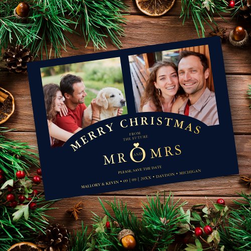 Christmas Navy Chic Luxury Golden Effect 2 Photos  Foil Holiday Card