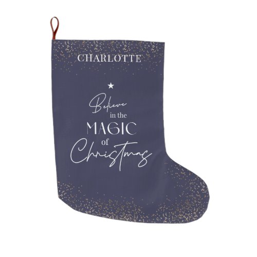 Christmas Navy  Gold Glitter Modern Script Name Large Christmas Stocking