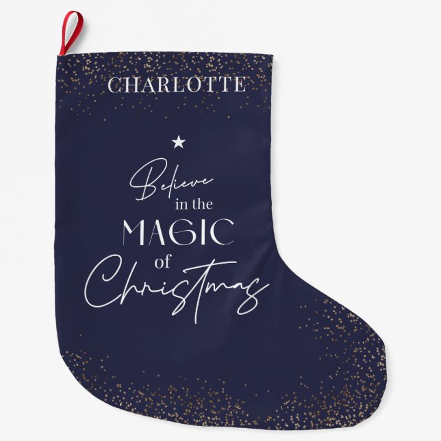 Christmas Navy & Gold Glitter Modern Script Name Large Christmas Stocking (Front)