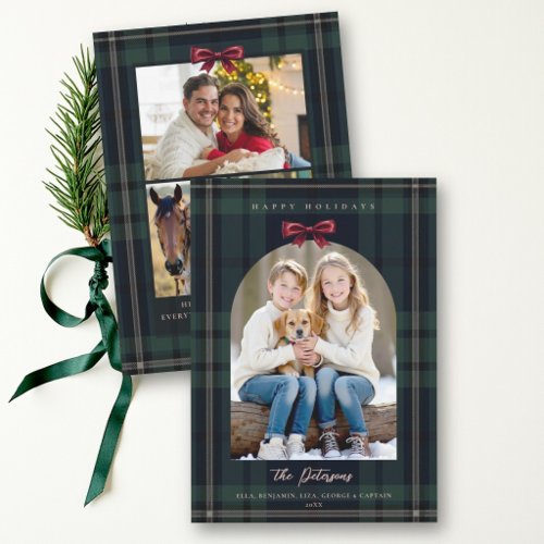 Christmas Navy Green Plaid Tartan Arch Bow Photo  Holiday Card
