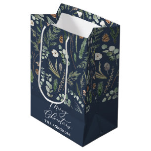 Christmas navy modern minimal elegant botanical medium gift bag