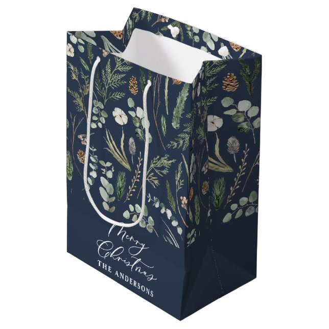 Christmas navy modern minimal elegant botanical medium gift bag (Front Angled)