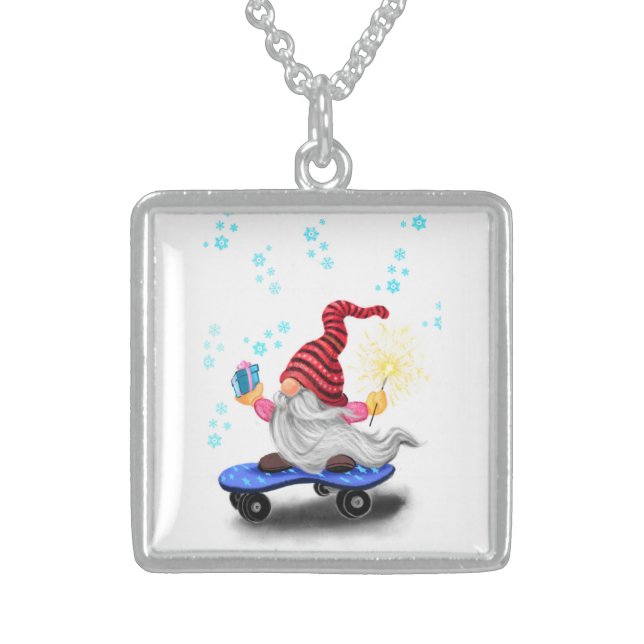 Christmas Necklace Gift Skater Gnome with Gifts (Front)