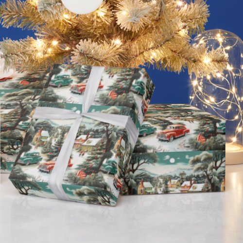 Christmas Neighborhood Cars Homes MCM Wrapping Paper