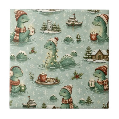 Christmas Nessie Loch Ness Monster Cozy Cryptids  Ceramic Tile