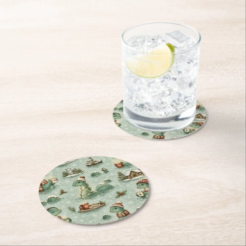 Christmas Nessie Loch Ness Monster Cozy Cryptids  Round Paper Coaster