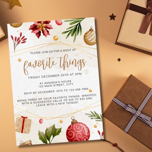 Christmas Neutral Watercolor Favorite Things Party Invitation
