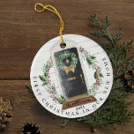 Christmas New Home Black Watercolor Door Photo Ceramic Ornament<br><div class="desc">Perfect ornament keepsake for new couples, newlyweds, and families celebrating their first Christmas in their new home. Our design features our own hand-painted watercolor black front door with a festive Christmas holiday wreath. Whitewood shiplap background with festive holly greenery wreath frame. Customize with your family name on the front door...</div>