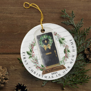 Christmas New Home Black Watercolor Door Photo Ceramic Ornament
