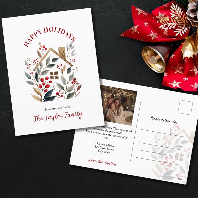 Christmas New Home Holiday Postcard (cute watercolor house surrounded with christmas greenery)