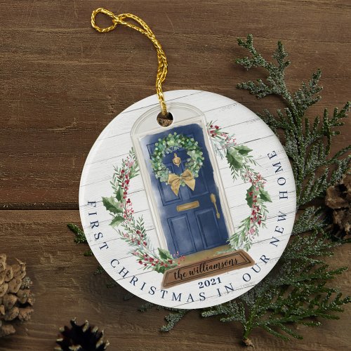 Christmas New Home Navy Blue Watercolor Door Photo Ceramic Ornament