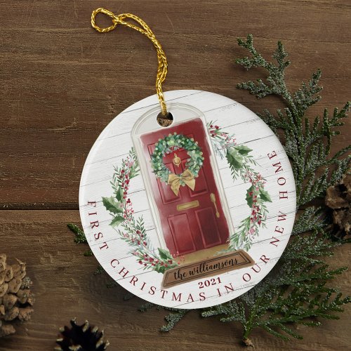 Christmas New Home Red Watercolor Door Photo Ceramic Ornament