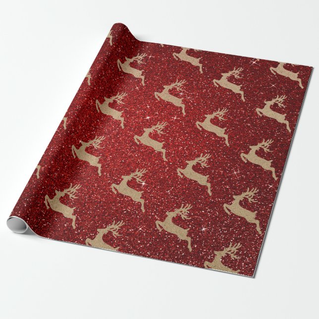 Christmas New Year Cardboard Deer Red Glitter Wrapping Paper (Unrolled)
