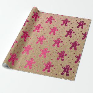 Christmas New Year Fuchsia Gingerbread Man Kraft Wrapping Paper